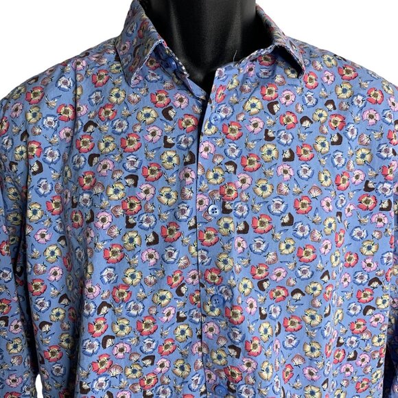 Tallia Button Up Long Sleeve Dress Shirt L Blue Floral Flip Cuff Point Collar - Picture 2 of 7